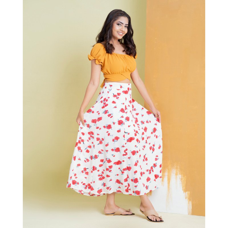 Red Printed Embellished Flared Skirt