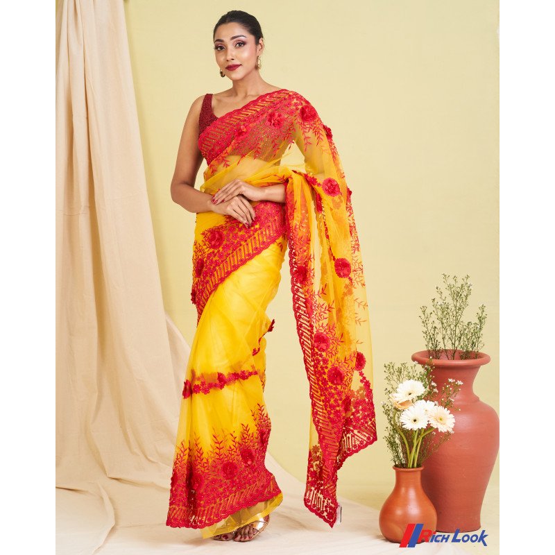Mustard Color Embroidered Silk Saree Rich Look